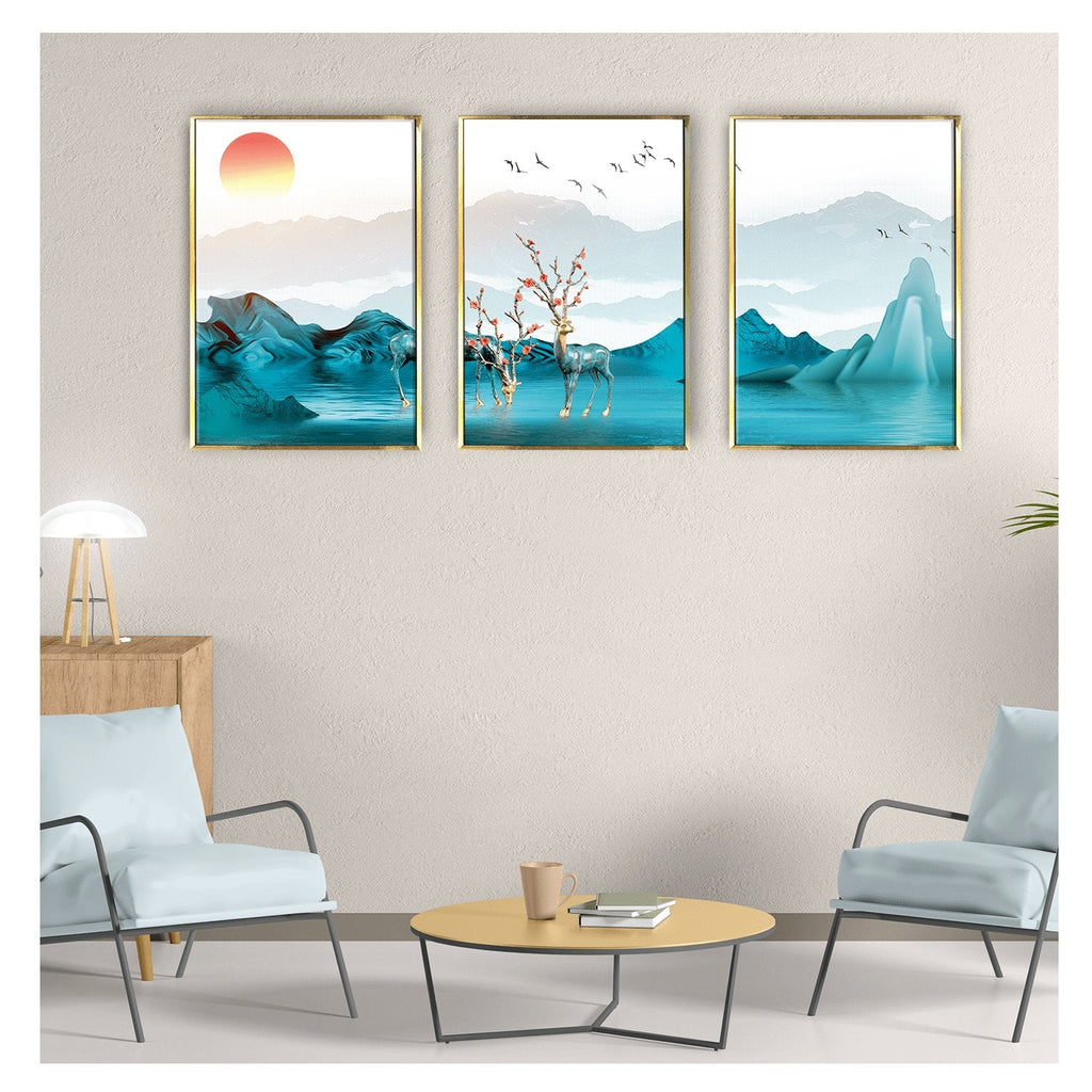3D Nature Painting with deer, stones and tree Canvas Wall art Painting