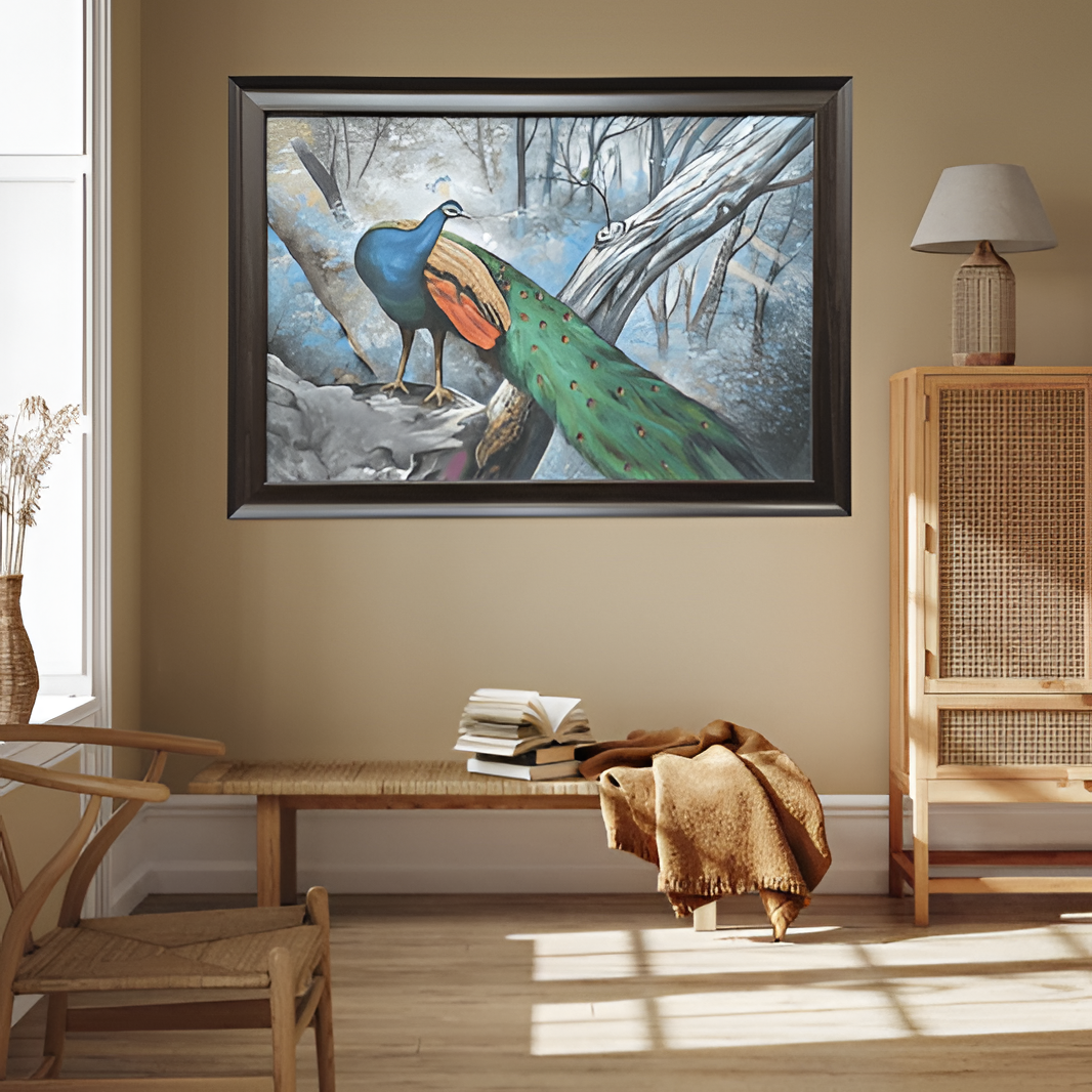 Peacock in a Forest Hand Painting Wall Art Decor