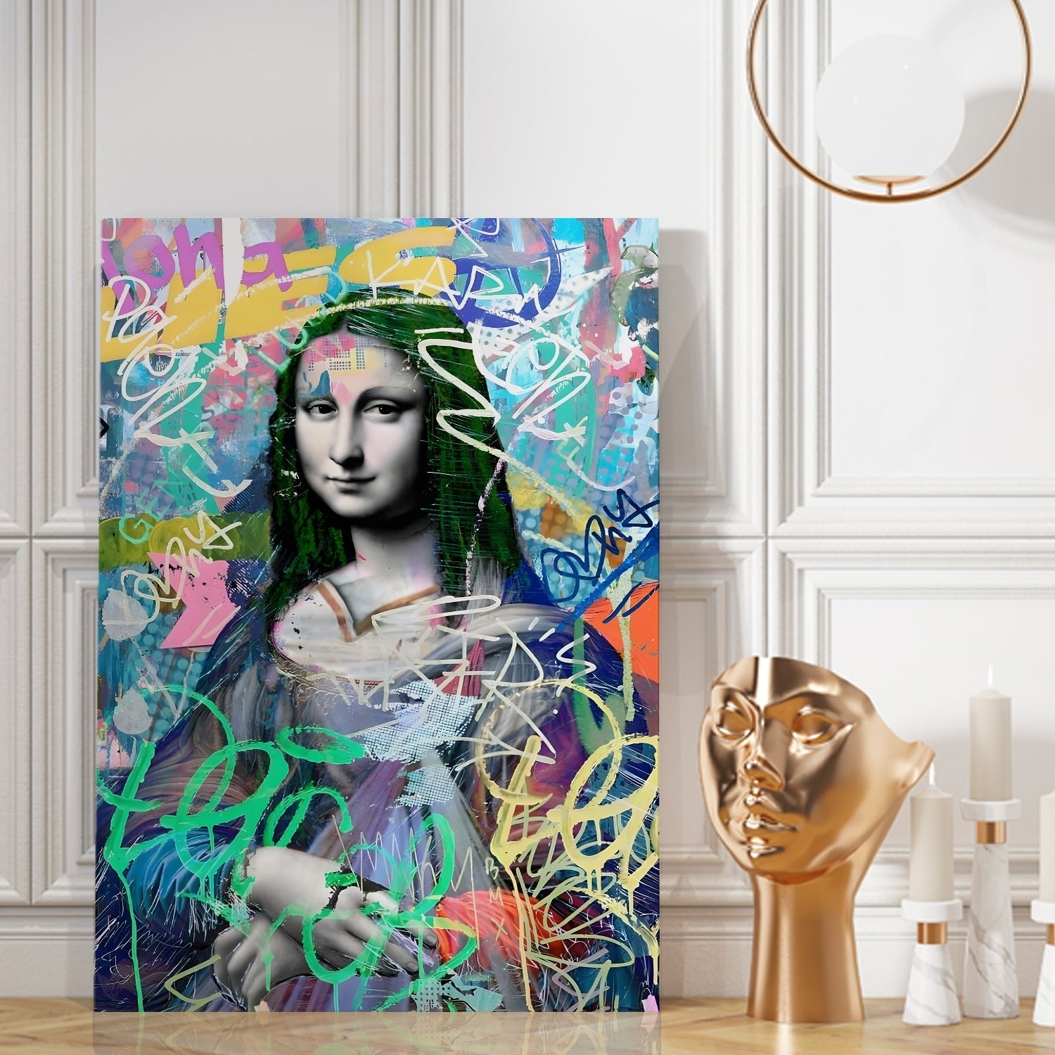 アクリル画 女性の肖像画 約91cm x 117cm 作: M.Funayama Mona Lisa Maximalist Canvas – Bold Artistic Remix – Iconik Canvas