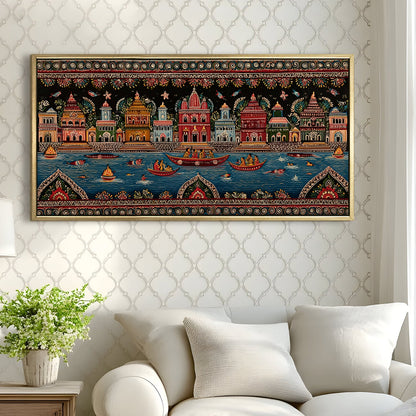 Banaras Ghats Painting Wall Art – Varanasi Riverfront with Golden Floater Frame