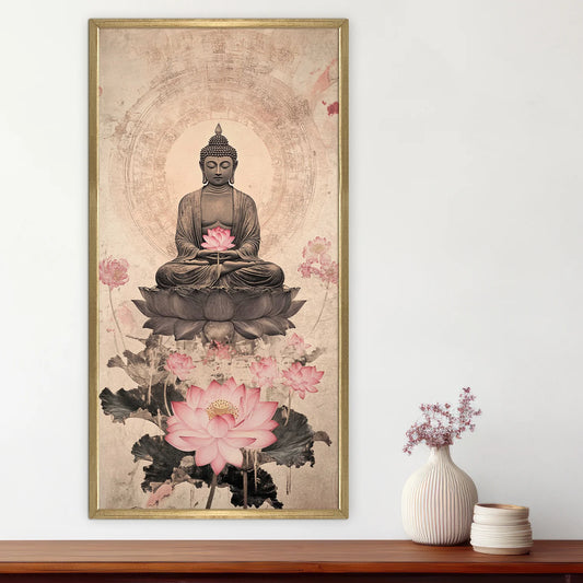 Lord Buddha Meditation With Lotus Canvas Wall Painting For Room Decoration 