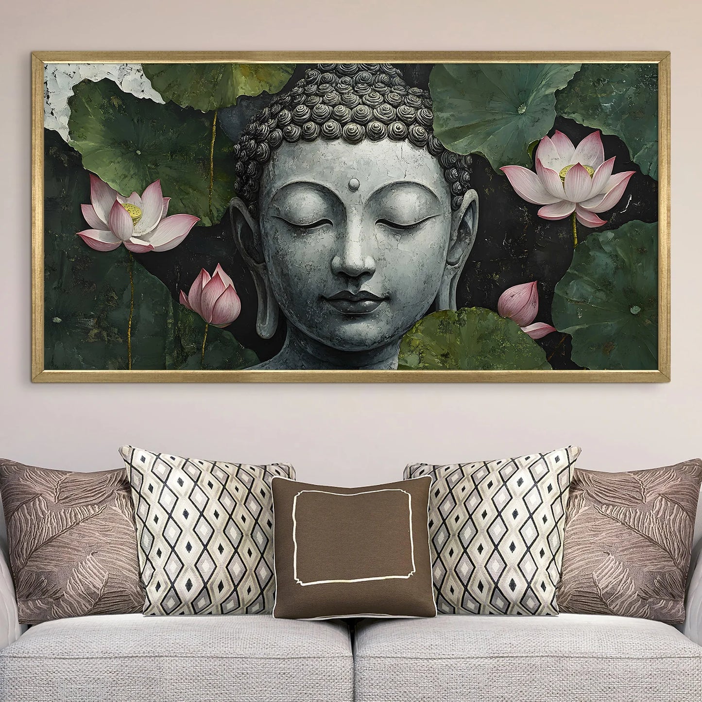 Buddha with Lotus Leaves Wall Canvas Painting