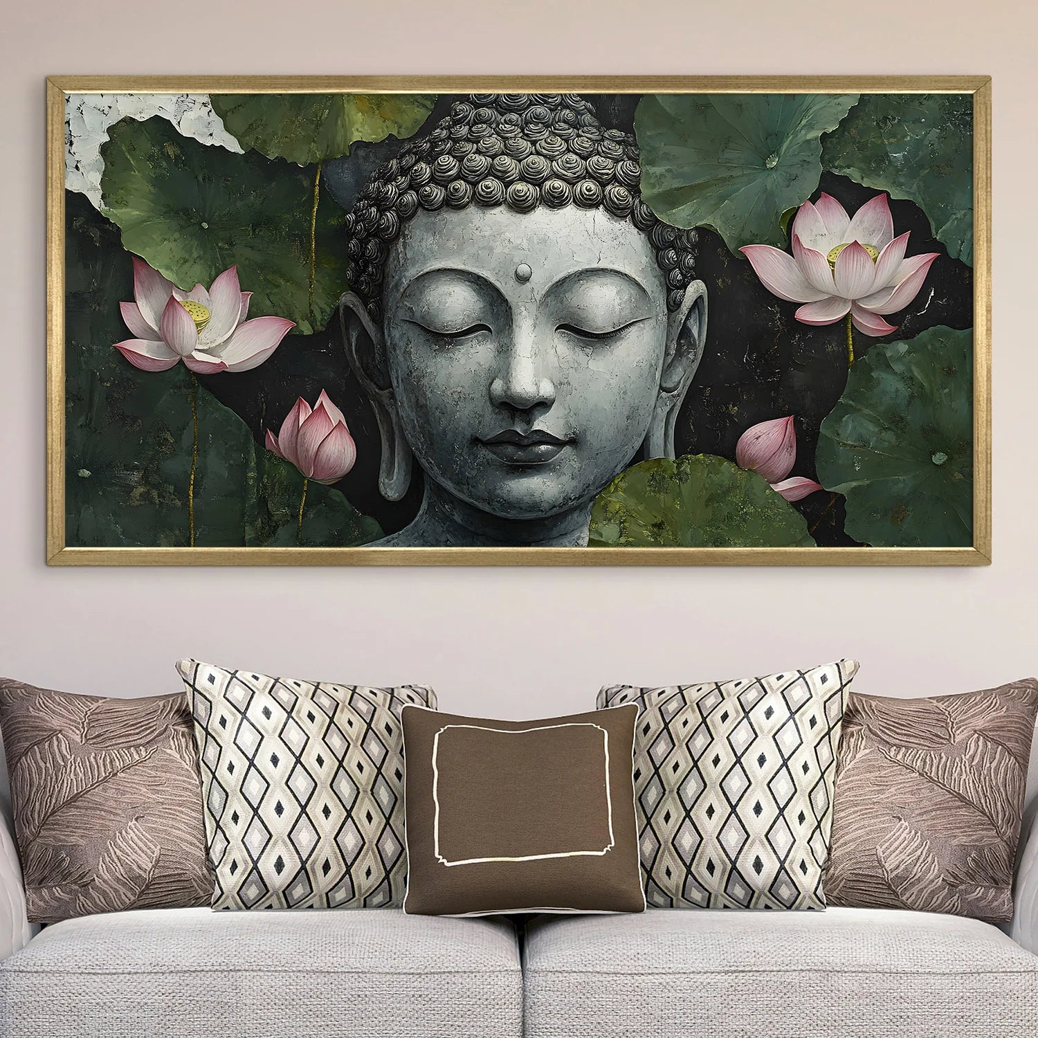 Buddha with Lotus Leaves Wall Canvas Painting