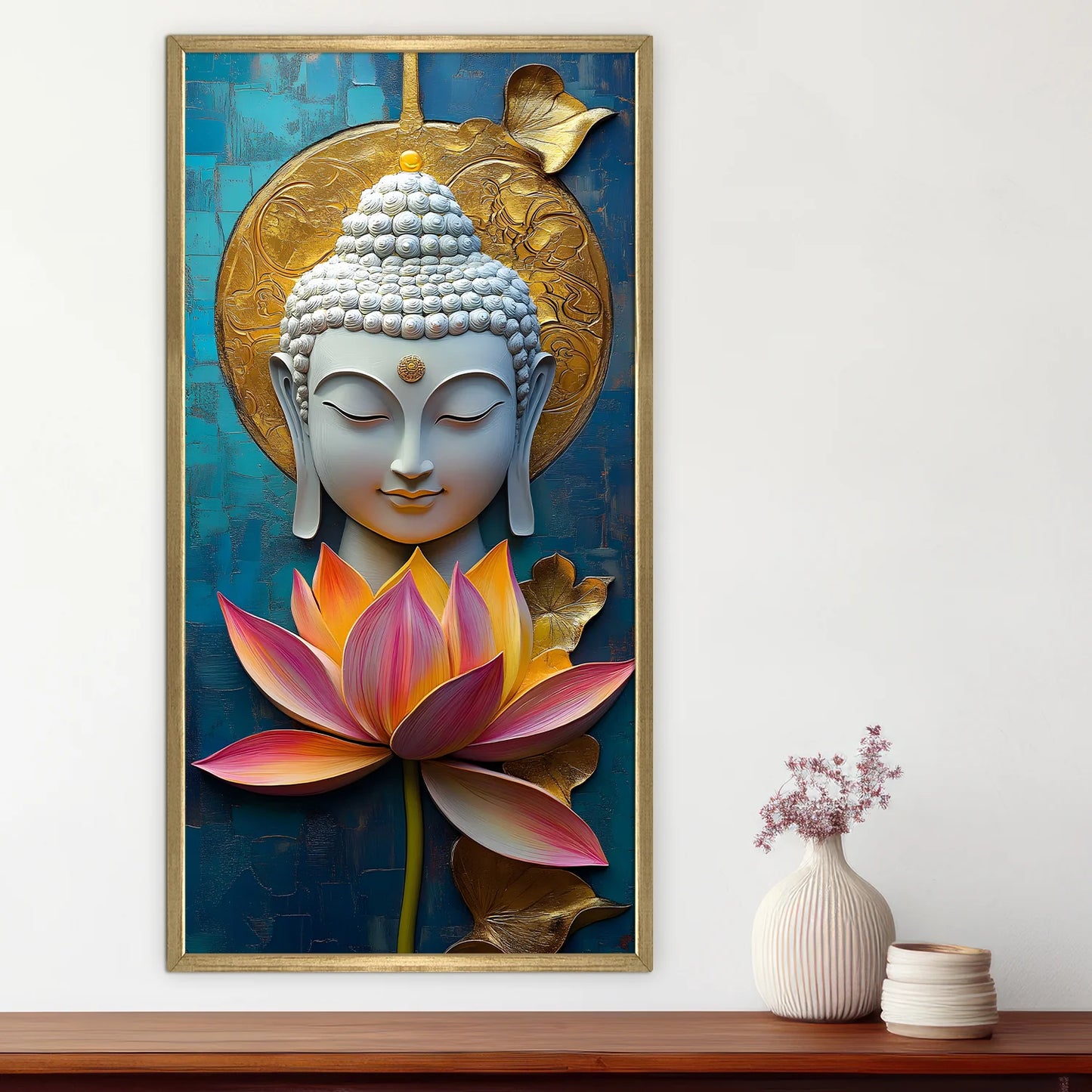 Lord Buddha With Red Lotus Canvas Wall Painting For Office Wall Decor