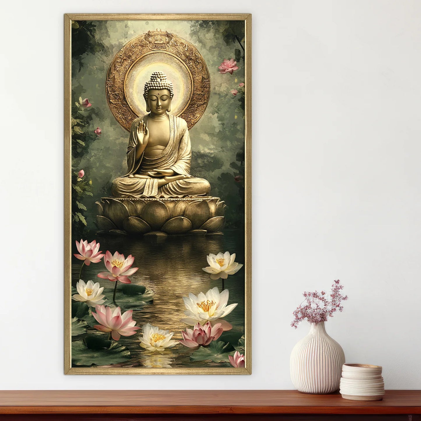 Lord Buddha With Lotus Pond Canvas Wall Painting 