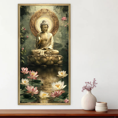 Lord Buddha With Lotus Pond Canvas Wall Painting 