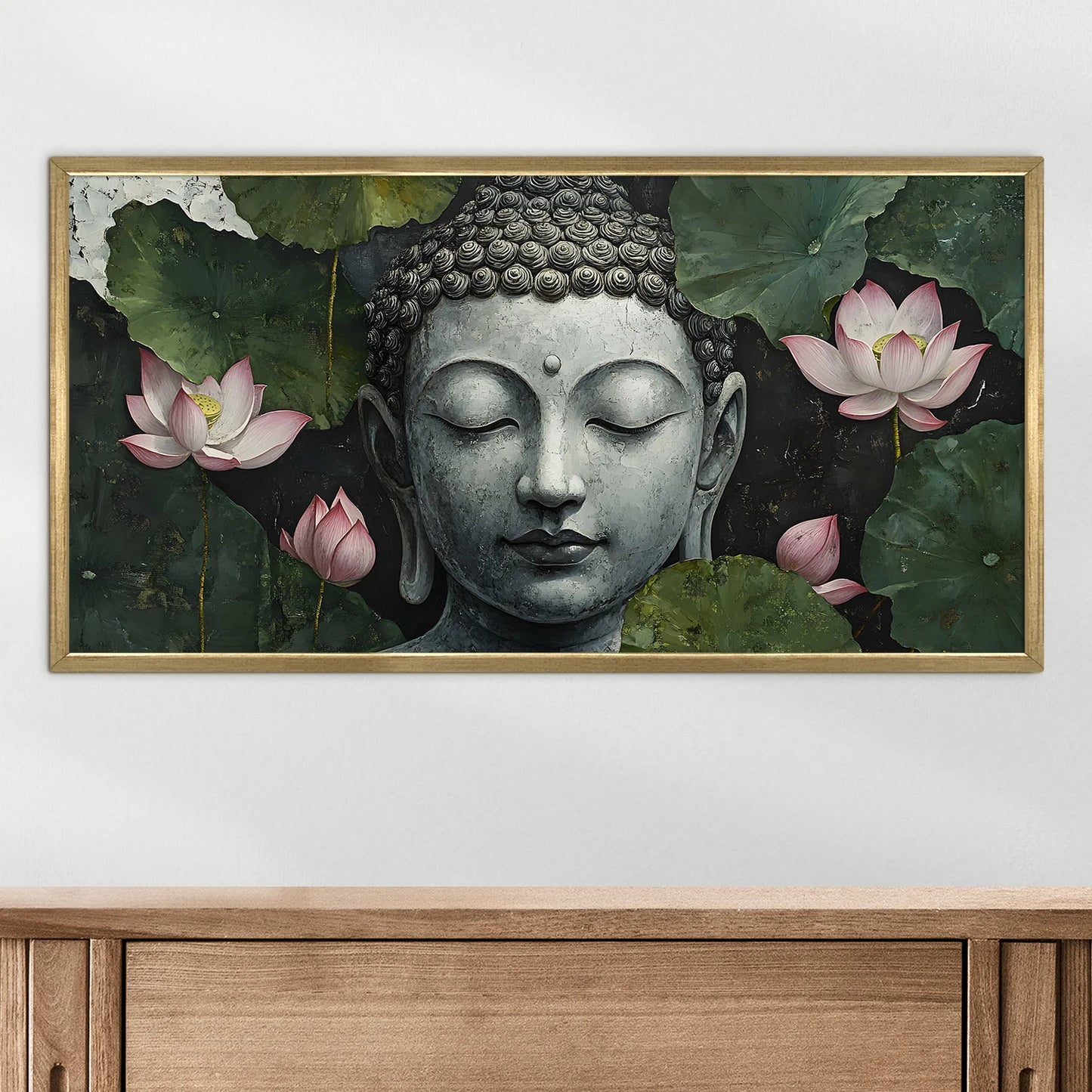 Buddha with Lotus Leaves Wall Canvas Painting