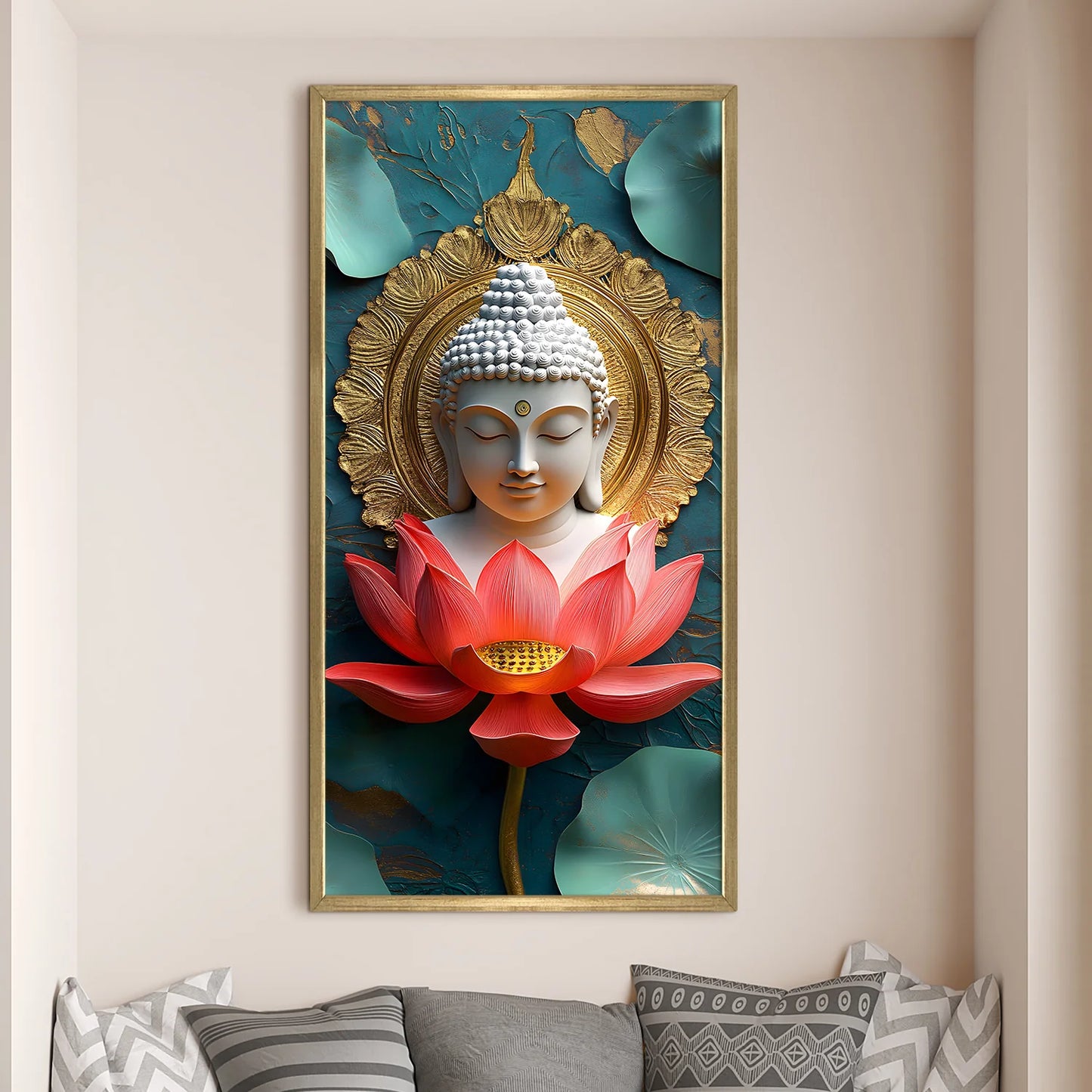 Lord Buddha With Red Lotus Canvas Wall Painting 