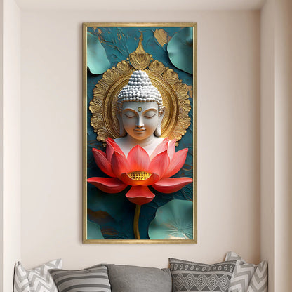 Lord Buddha With Red Lotus Canvas Wall Painting 