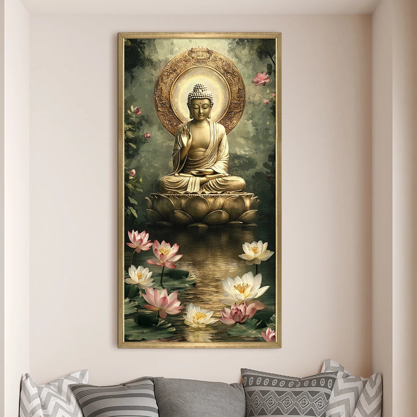 Lord Buddha With Lotus Pond Canvas Wall Painting For Home Decor
