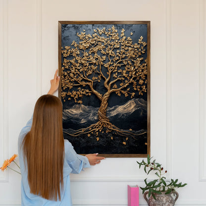 Abstract Golden Lucky Wish Tree Vastu Canvas Painting
