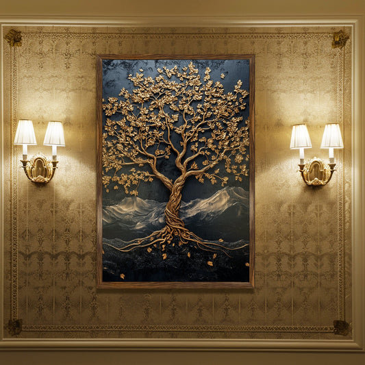 Abstract Golden Lucky Wish Tree Vastu Canvas Painting