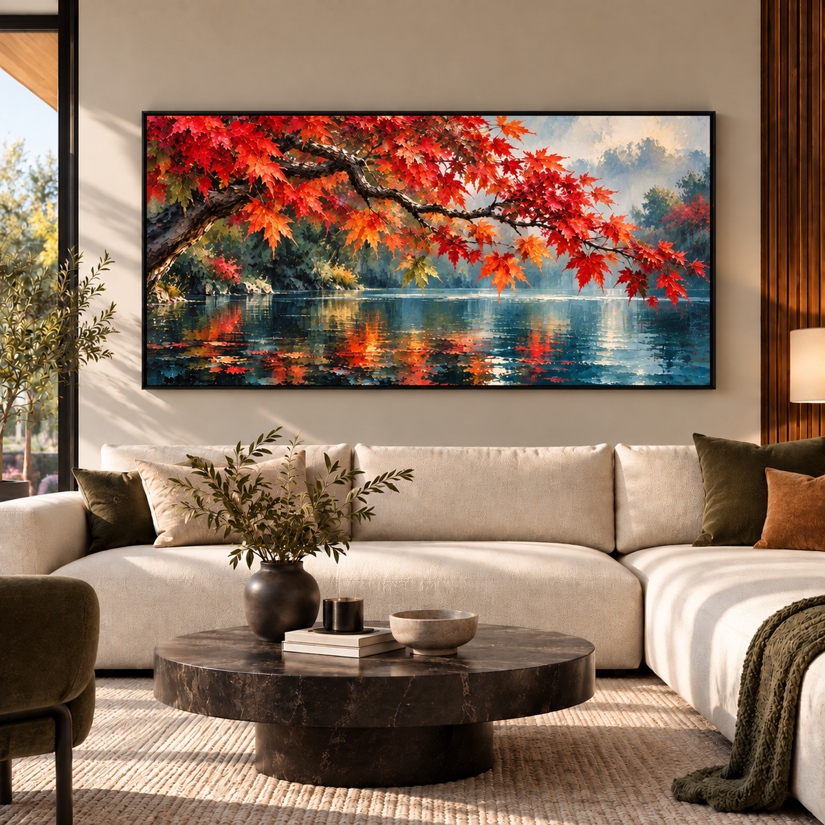 Autumn Lake Landscape Wall Art with Vibrant Red Maple Trees