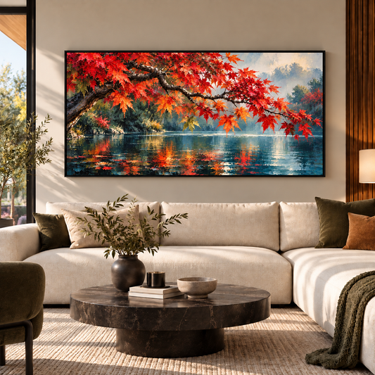 Autumn Lake Landscape Wall Art with Vibrant Red Maple Trees