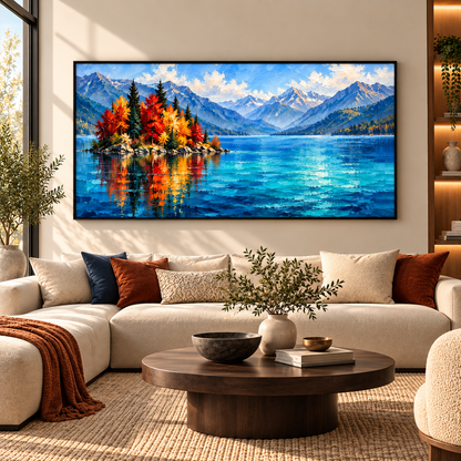 Mountain Lake Landscape Wall Art with Autumn Trees & Blue Peaks