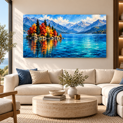 Mountain Lake Landscape Wall Art with Autumn Trees & Blue Peaks