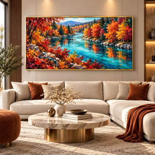 Autumn River Landscape Wall Art for Luxury Living Room Decor