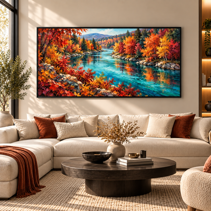 Autumn River Landscape Wall Art for Luxury Living Room Decor