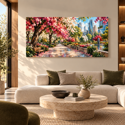Blooming City Park Landscape Wall Art with Colorful Flowers