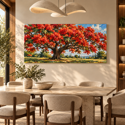 Red Blossom Tree Landscape Wall Art for Luxury Living Room Decor