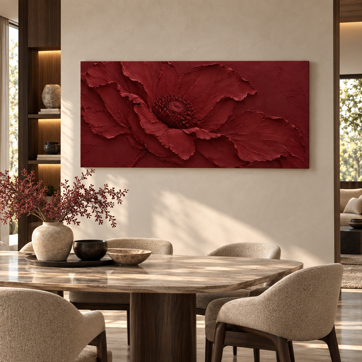 Burgundy Red Textured Flower Wall Art for Luxury Modern Interiors