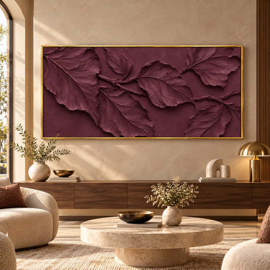 Burgundy Textured Leaf Wall Art for Luxury Modern Interiors