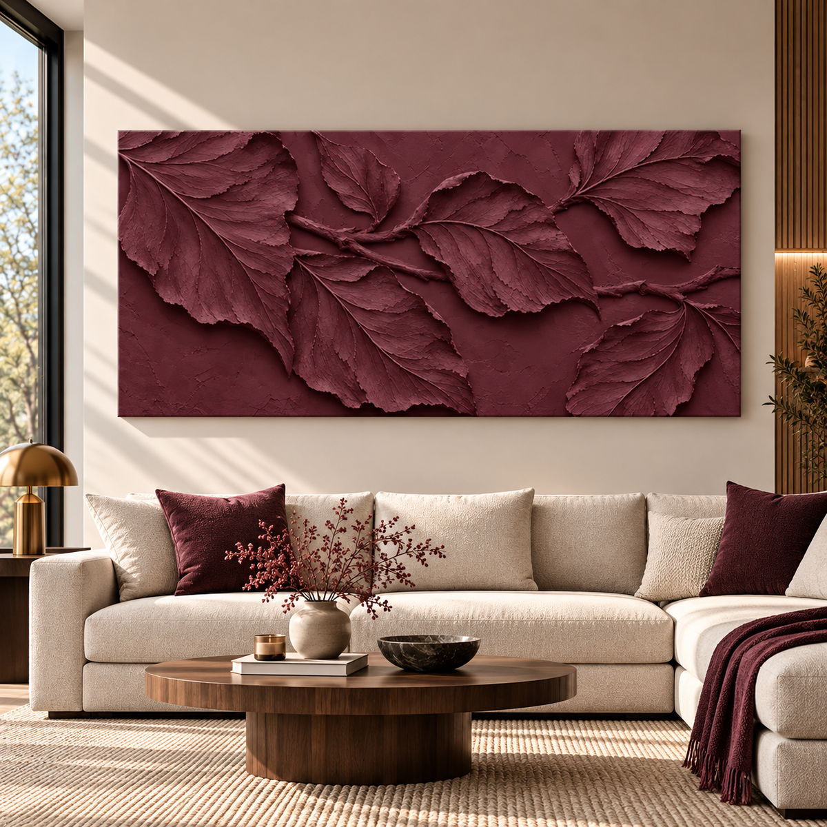 Burgundy Textured Leaf Wall Art for Luxury Modern Interiors