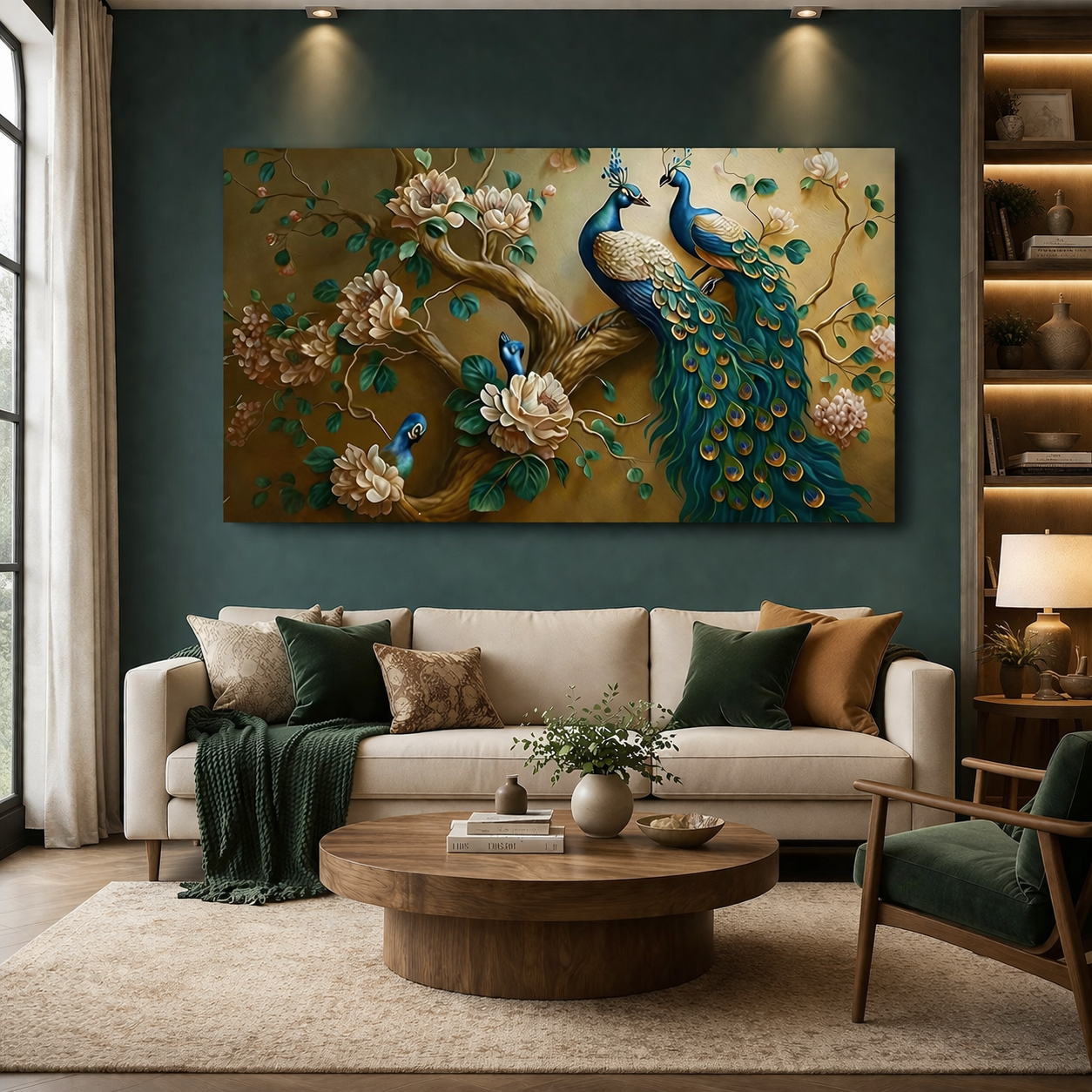 Two Peacocks with Gold Flowers Canvas Wall Art for Home Decor