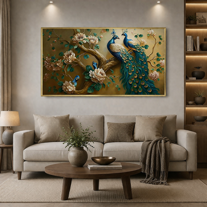 Two Peacocks with Gold Flowers Canvas Wall Art for Home Decor