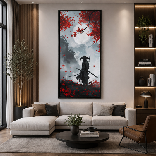 Samurai Under Full Moon & Red Maple Leaves Canvas Wall Art