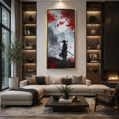 Samurai Under Full Moon & Red Maple Leaves Canvas Wall Art