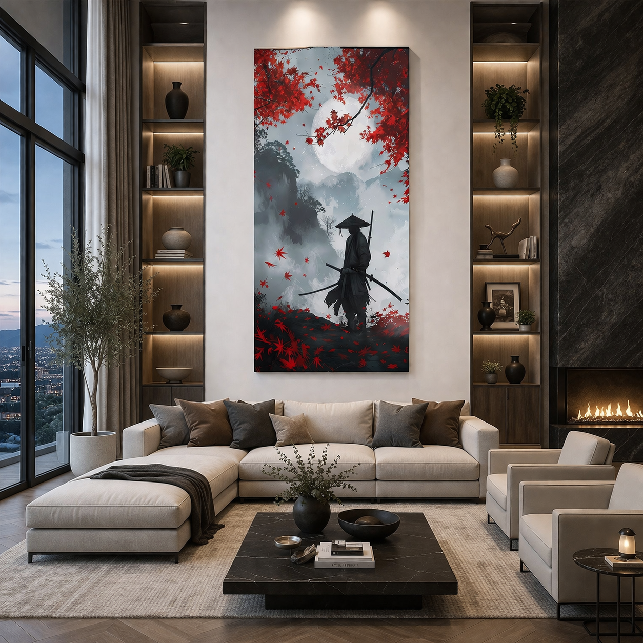 Samurai Under Full Moon & Red Maple Leaves Canvas Wall Art