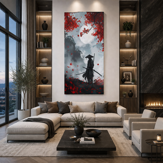 Samurai Under Full Moon & Red Maple Leaves Canvas Wall Art