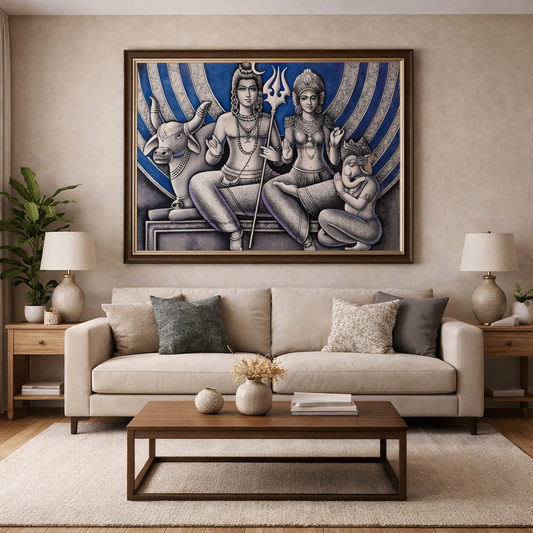 Divine Shiv Family Hand Painting Artwork for Living Room