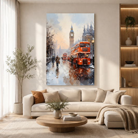 London Winter Street Canvas Wall Art – Big Ben Vintage Scene