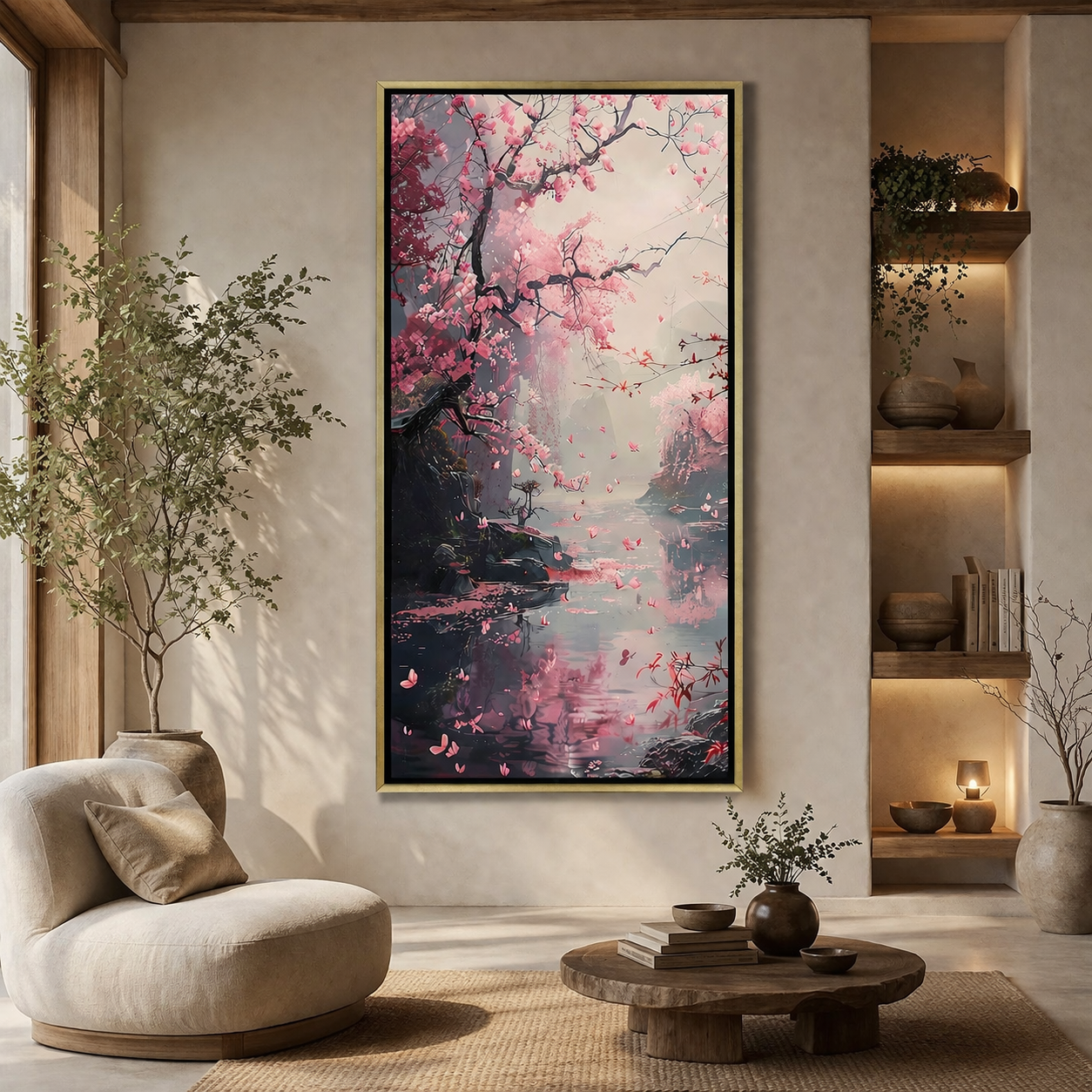 Cherry Blossom Canvas Wall Art – Japanese Scenic Painting for Serenity
