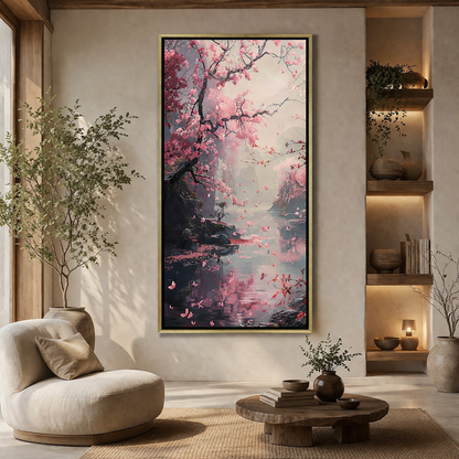 Cherry Blossom Canvas Wall Art – Japanese Scenic Painting for Serenity