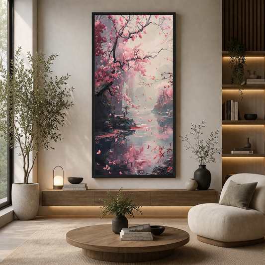 Cherry Blossom Canvas Wall Art – Japanese Scenic Painting for Serenity