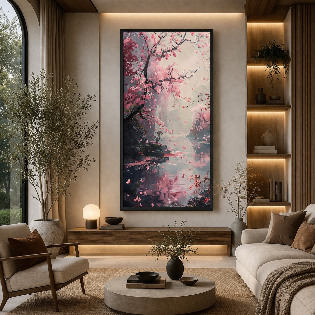 Cherry Blossom Canvas Wall Art – Japanese Scenic Painting for Serenity