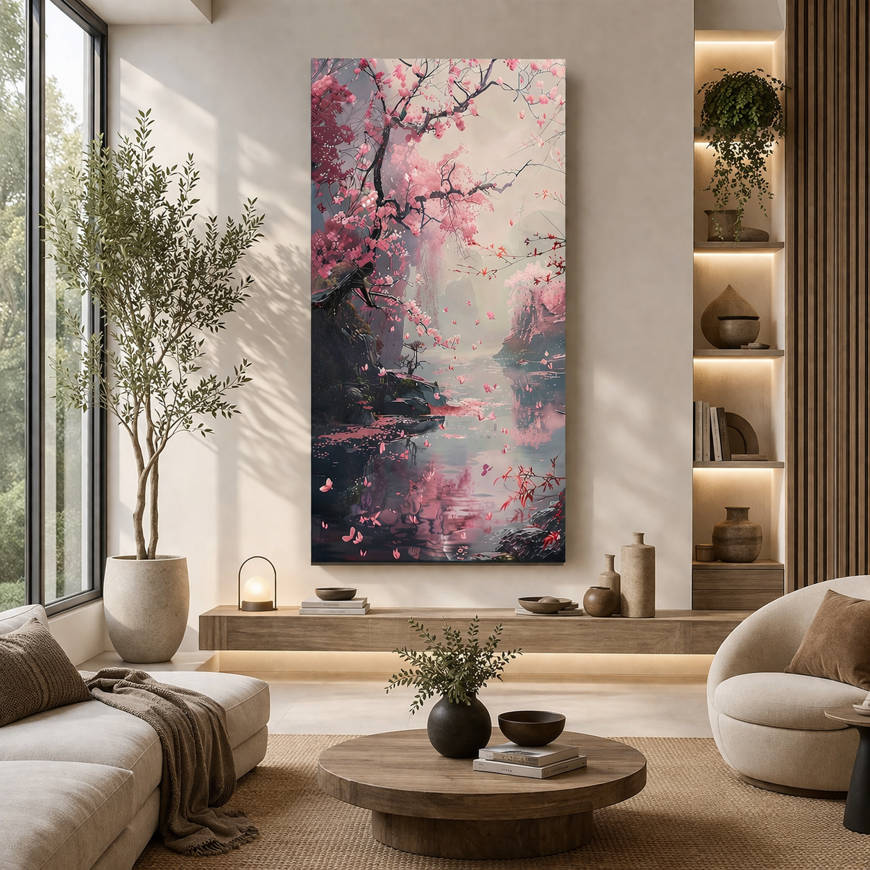 Cherry Blossom Canvas Wall Art – Japanese Scenic Painting for Serenity