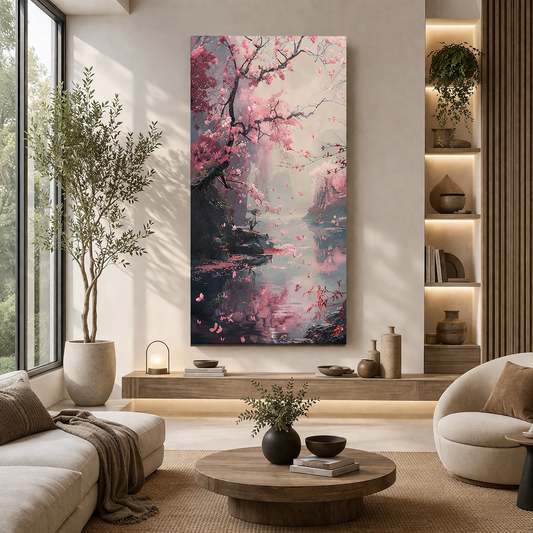 Cherry Blossom Canvas Wall Art – Japanese Scenic Painting for Serenity