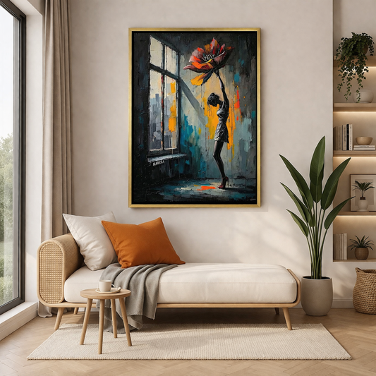Girl with Blooming Flower Canvas Wall Art – Modern Abstract Decor