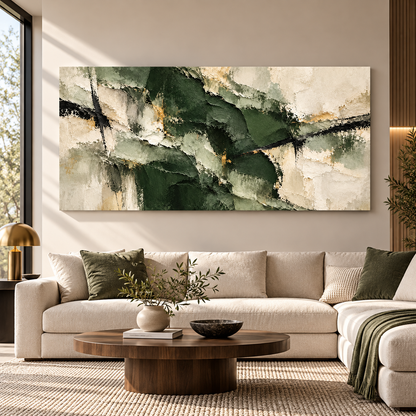 Green Abstract Textured Wall Art with Gold Accents & Black Frame