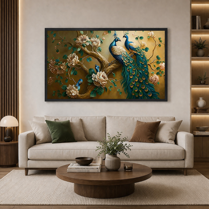 Two Peacocks with Gold Flowers Canvas Wall Art for Home Decor