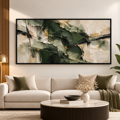 Green Abstract Textured Wall Art with Gold Accents & Black Frame