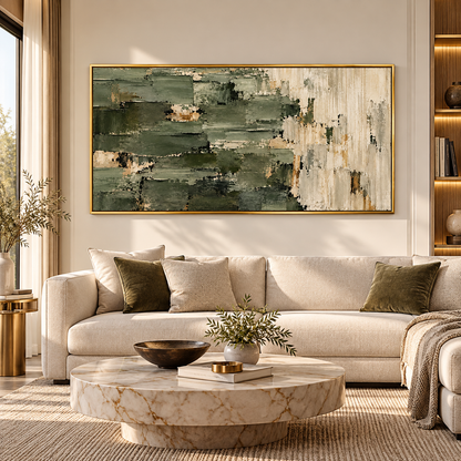 Olive Green Abstract Textured Wall Art with Gold Frame