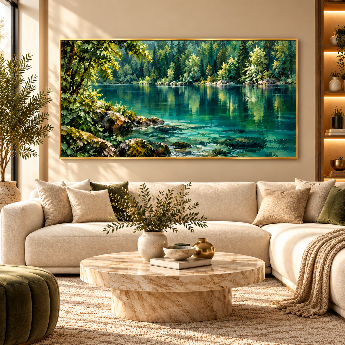 Serene Forest Lake Landscape Wall Art for Modern Living Room Decor