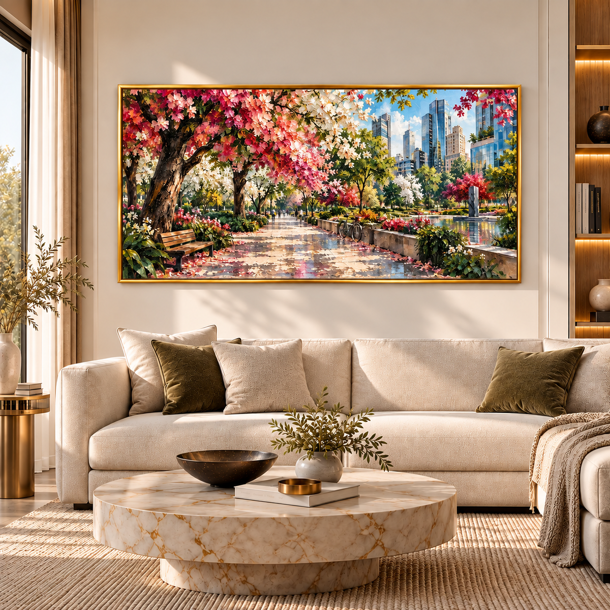 Blooming City Park Landscape Wall Art with Colorful Flowers