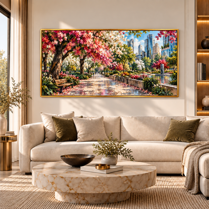 Blooming City Park Landscape Wall Art with Colorful Flowers