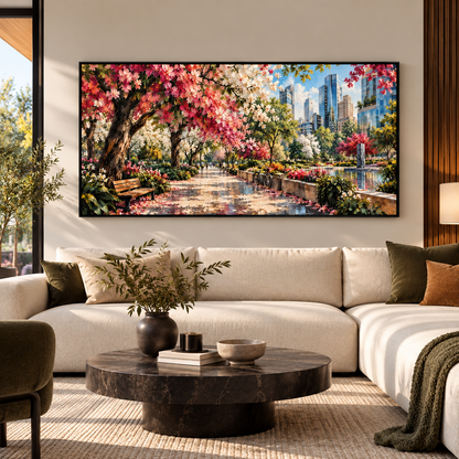 Blooming City Park Landscape Wall Art with Colorful Flowers